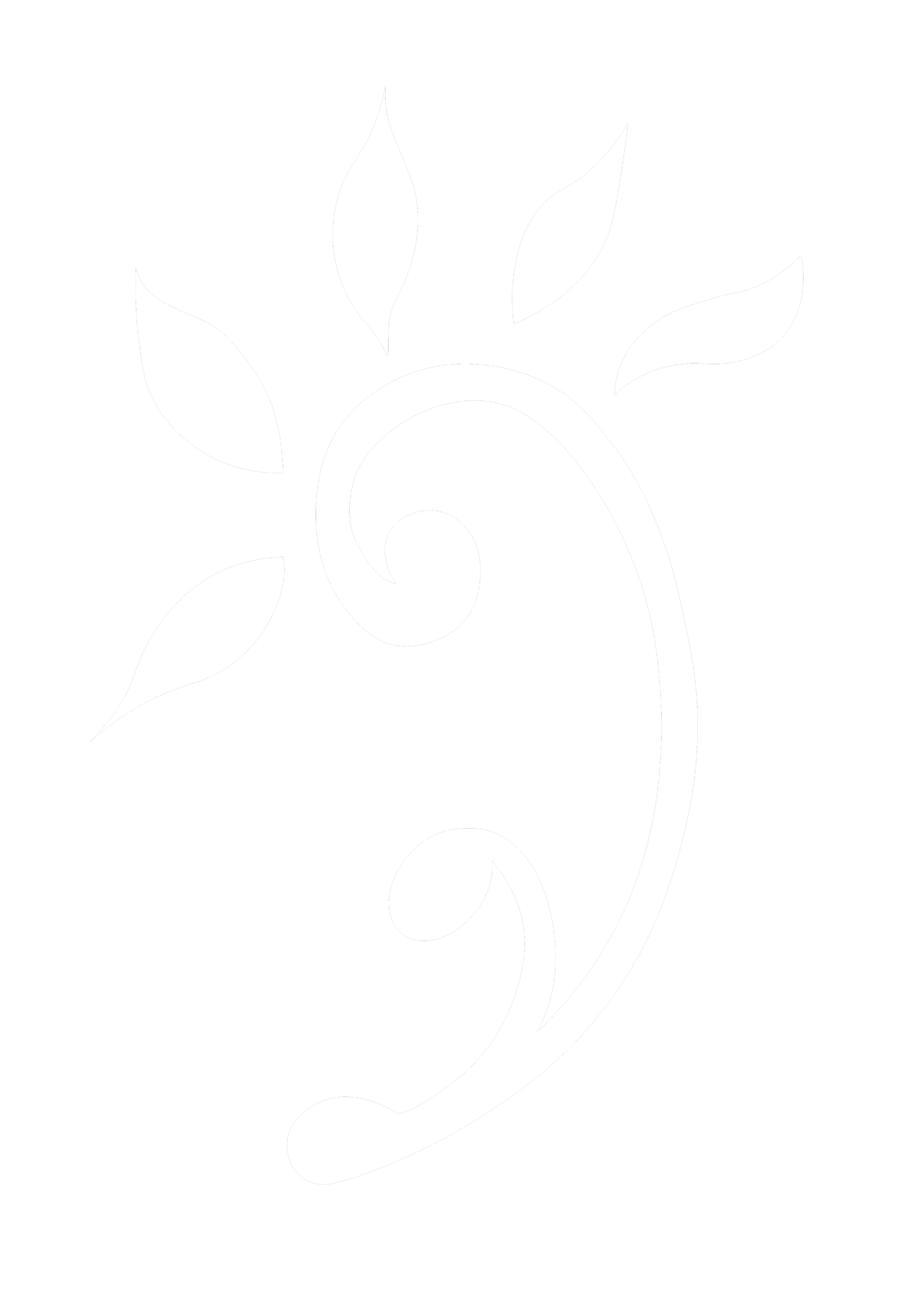 A black and white decorative floral design with a stylised swirl and leaf shapes.