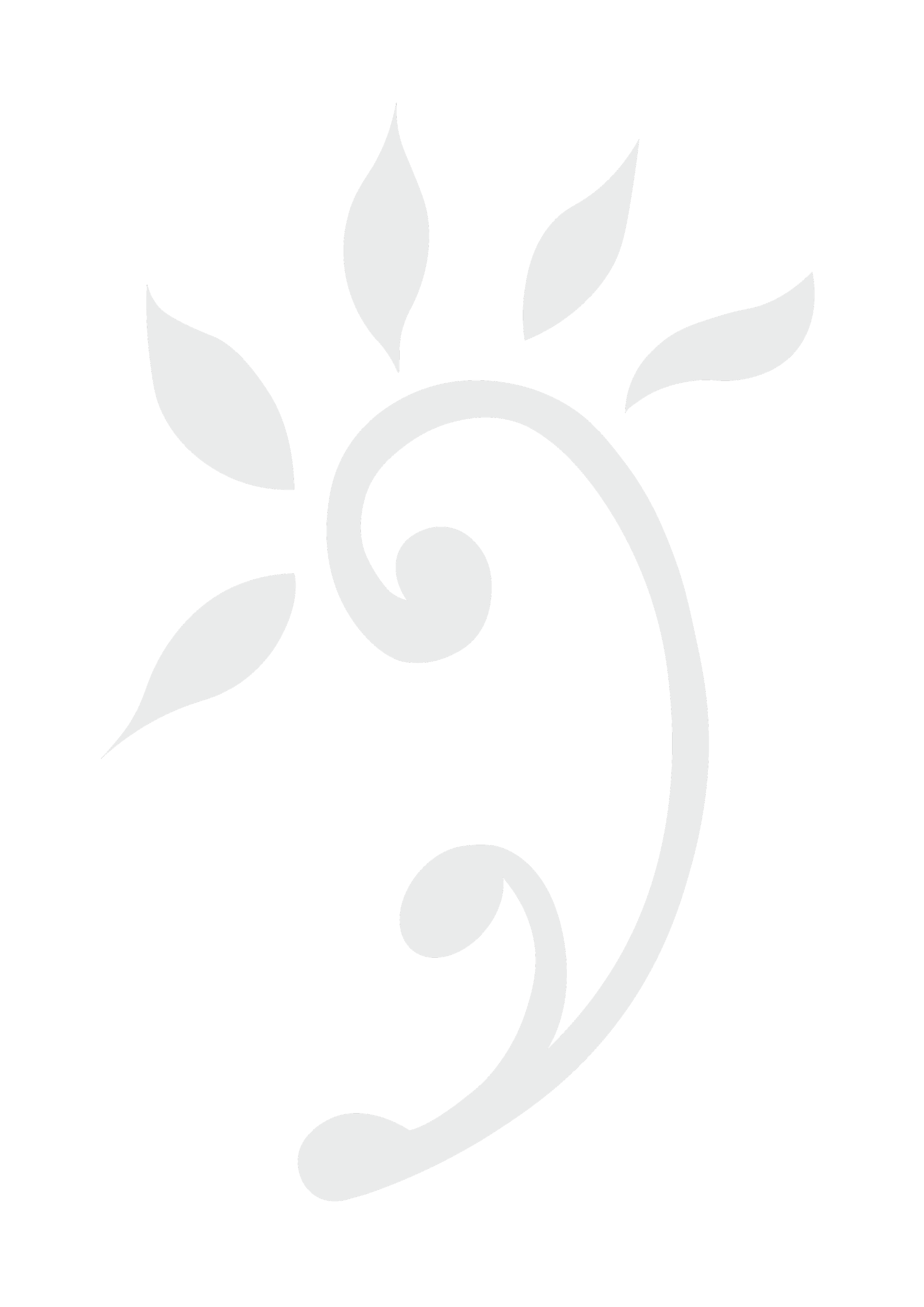 A white decorative design featuring a stylised swirl with several leaves emanating from it.