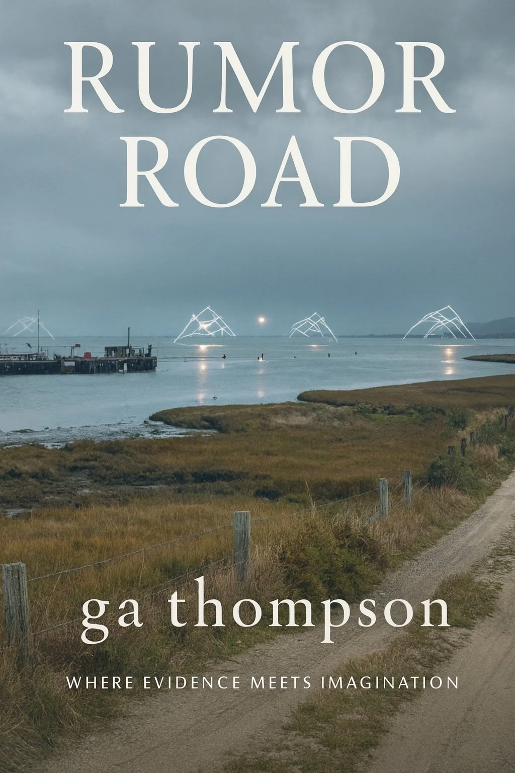 Book cover titled 'Rumor Road' by Ga Thompson with a scenic coastal landscape, a dirt path, marshland, water, and abstract light installations in the background under a cloudy sky.