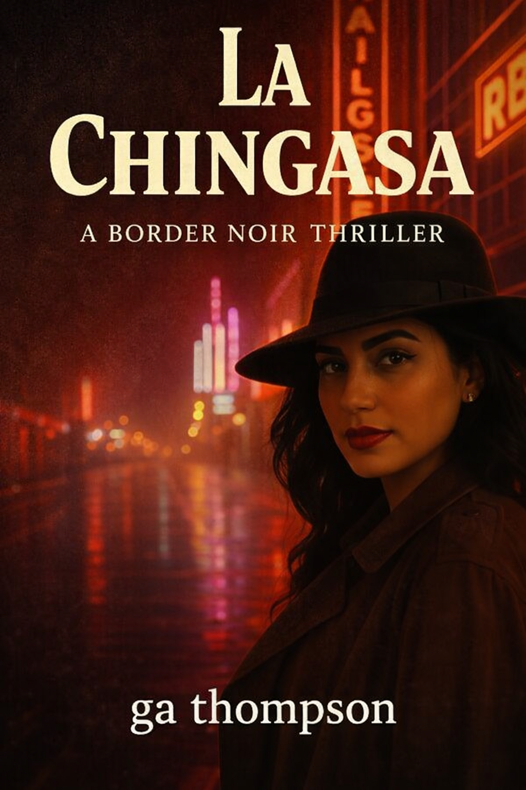 Book cover for 'La Chingasa' by Ga Thompson, featuring a woman with dark hair and lipstick, wearing a black hat and coat, standing in front of a city street with neon signs.