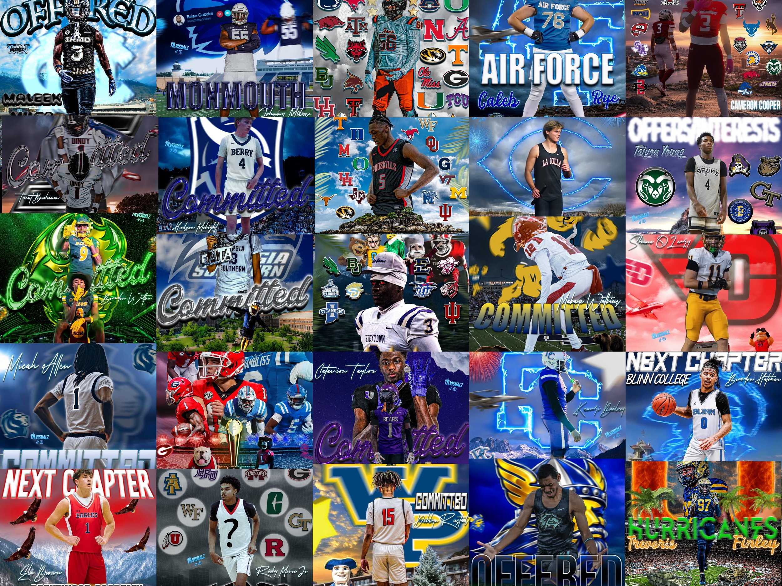 A collage of various college and high school sports team logos, players, and athletes, including football, basketball, and volleyball, with team names and team colors, some with
