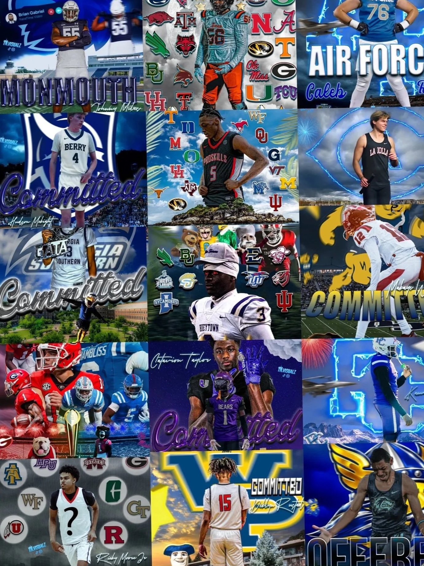 A collage of various student athletes representing different universities and sports, with some images featuring team logos, player photos, and words like "Committed" and "It".