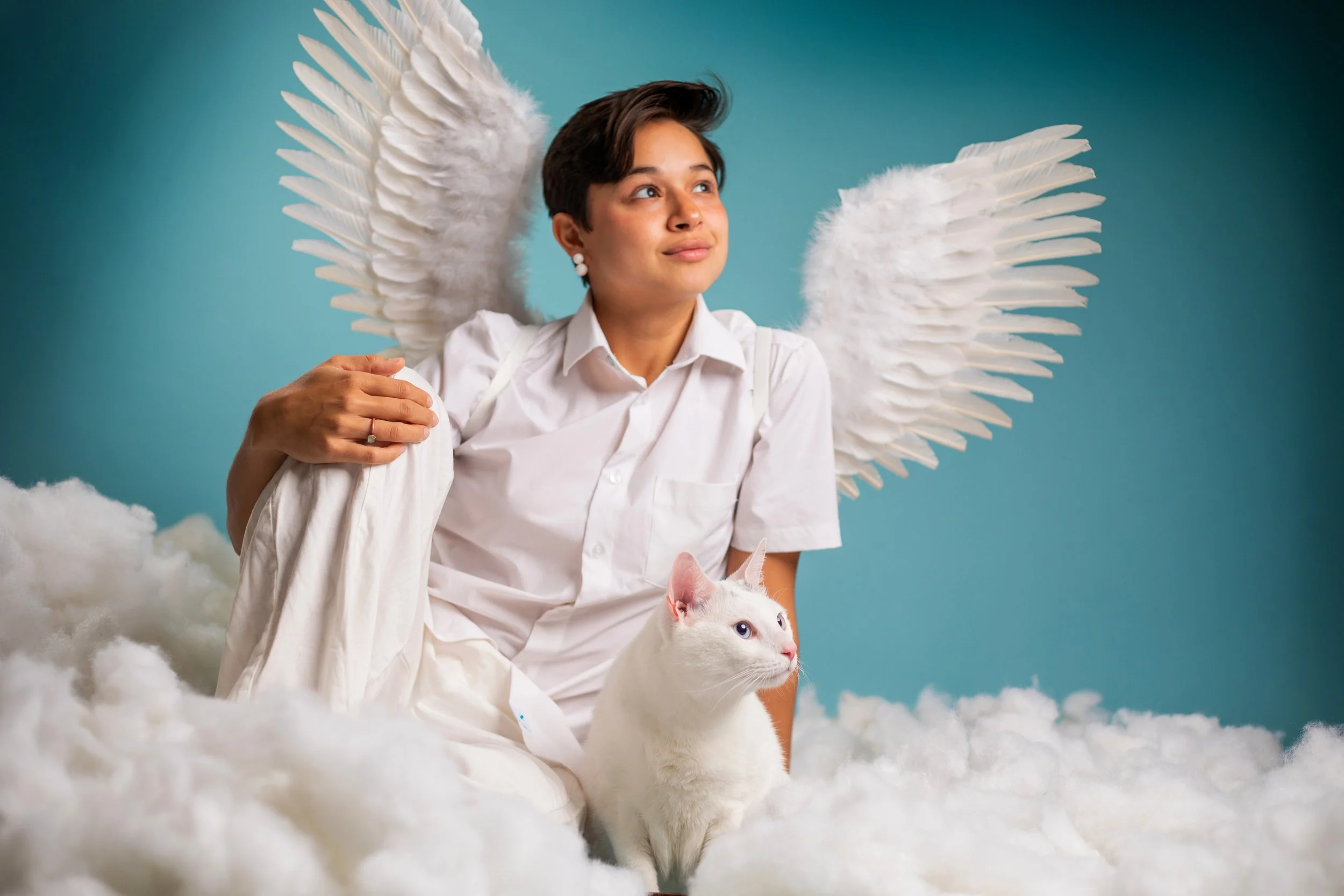 A woman with angel wings and white clothing sitting among clouds, with a white cat that has blue eyes, against a blue background.