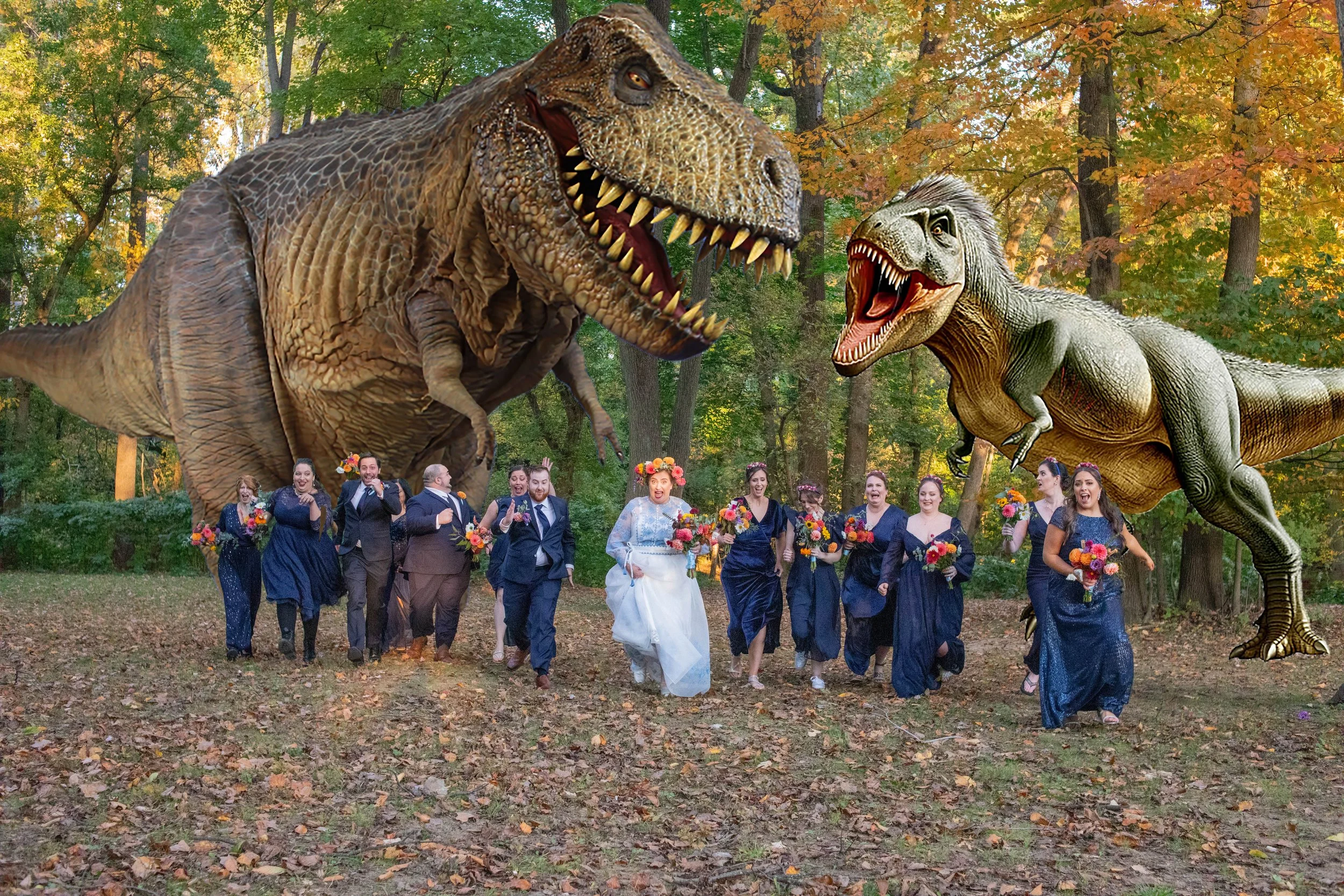 A whimsical scene of a wedding party running through a forest with two giant, animated Tyrannosaurus rex dinosaurs chasing them. The bride and bridesmaids are dressed in navy dresses and holding bouquets, while the groom and groomsmen are in suits. T