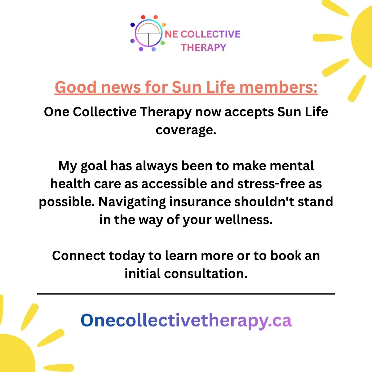 If you carry extended health benefits through 🌞Sun Life, you likely have dedicated coverage for Clinical Counselling.
👏Easy Reimbursement: While direct billing depends on your specific Sun Life plan, we provide official, detailed receipts immediate