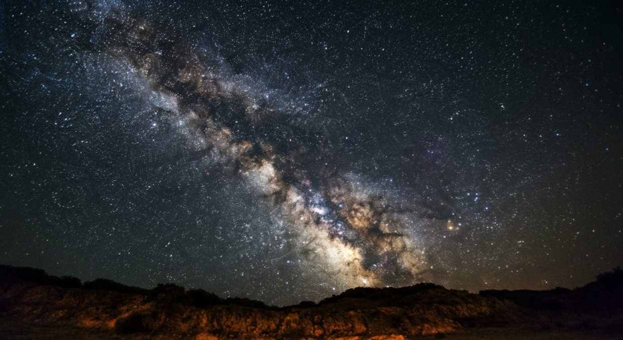 Night sky with the Milky Way galaxy and many stars over a dark mountainous landscape.