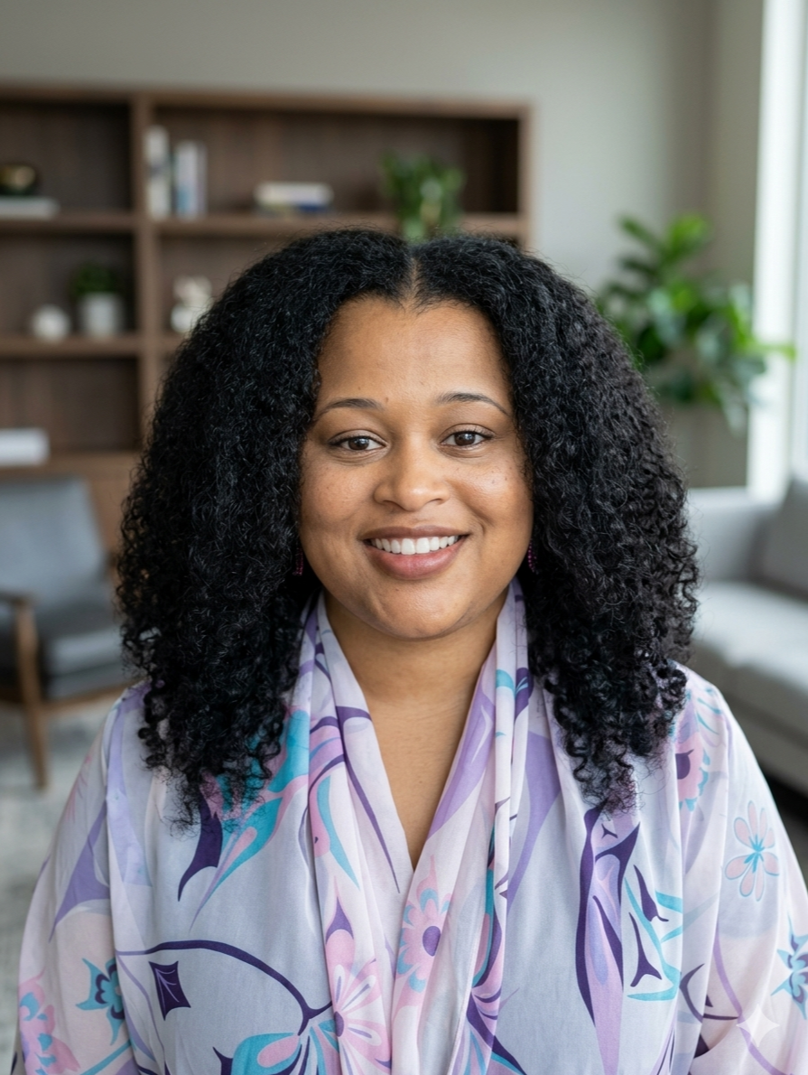 A woman with curly black hair smiling in a modern living room with a wooden bookshelf, green plant, and window in the background.