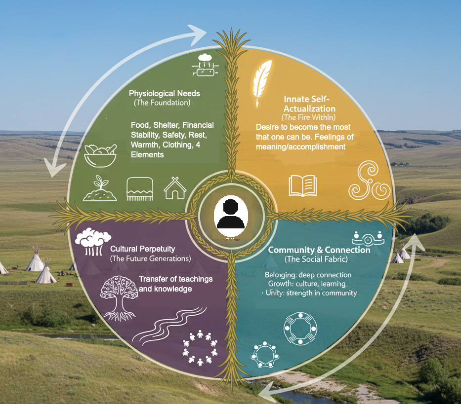 Medicine Wheel Illustrating personal growth through four interconnected elements: Physiological Needs, Innate Self-Actualization, Community & Connection, and Cultural Perpetuity, with  a background of a rural landscape with Teepees.