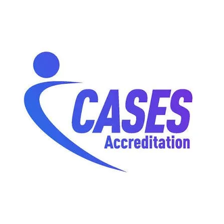 CASES Accreditation logo with blue swoosh and purple lettering