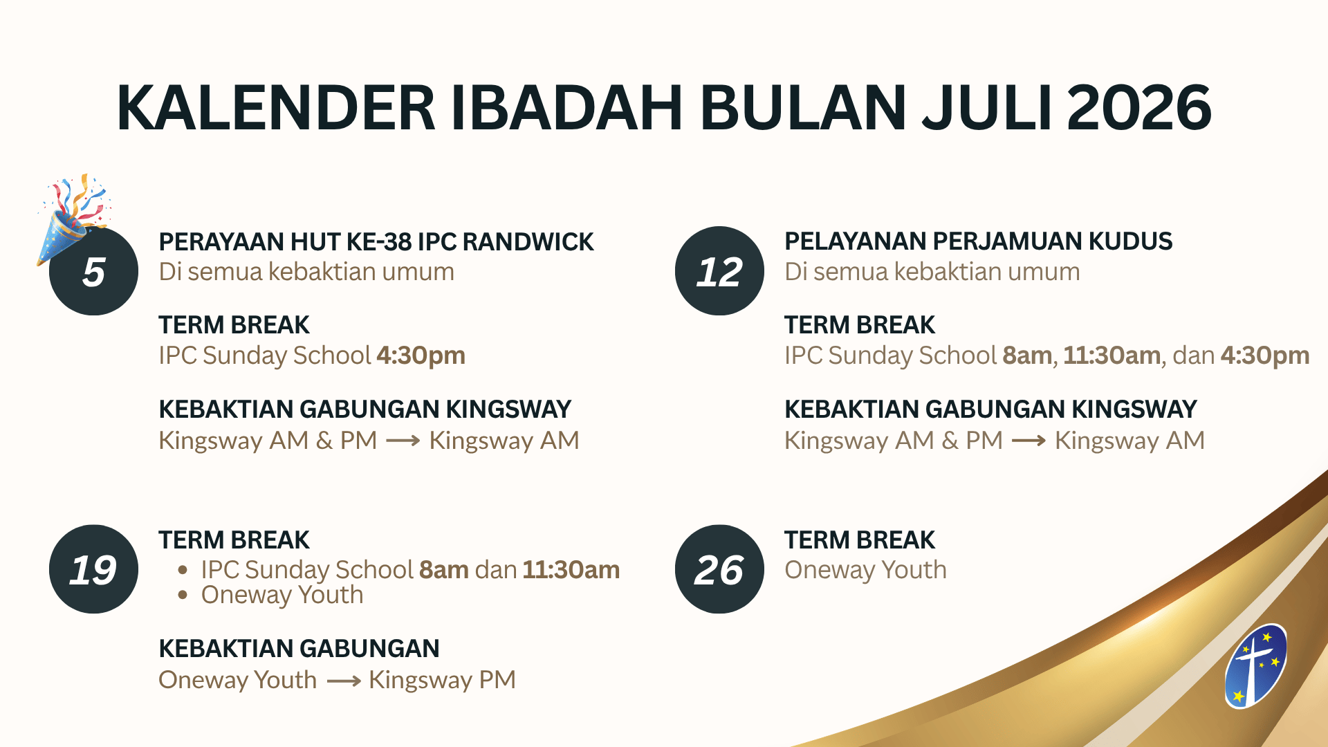 Calendar for religious observance and events in July 2026. Contains icons and text for various events such as Indonesian Islamic holidays, term breaks, and youth activities, with dates, times, and descriptions.