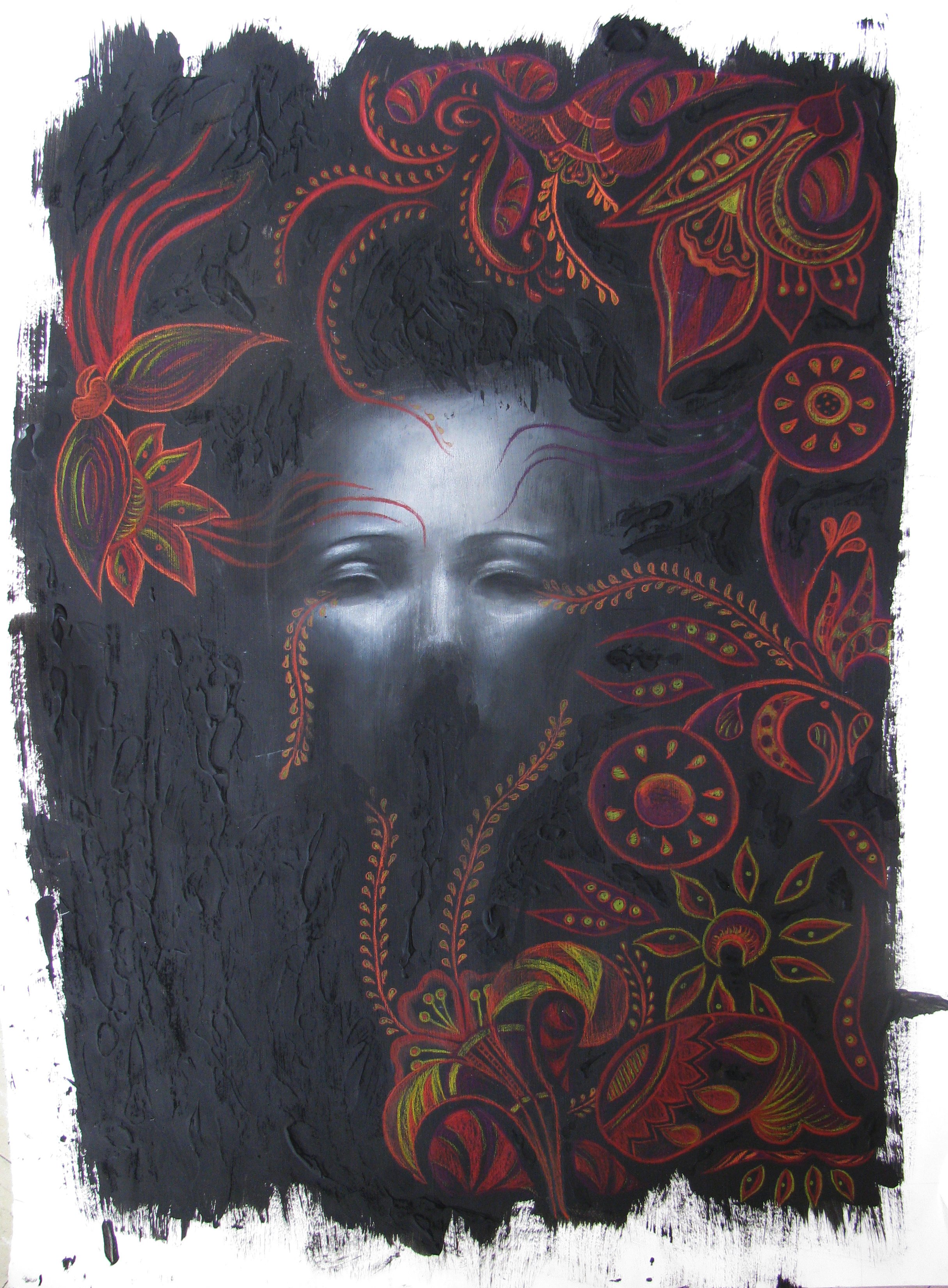 Acrylic Paint, Charcoal and Colored Pencil