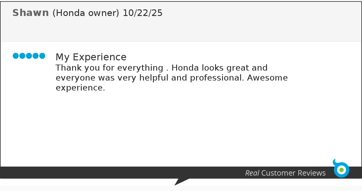 Screenshot of a customer review for Honda from October 22, 2025, thanking the staff for their helpful and professional service.
