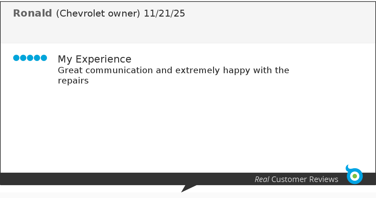 Customer review screenshot with a five-star rating, name Ronald, dated 11/21/25, praising communication and happiness with repairs, signed as a Chevrolet owner.