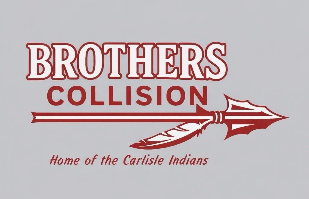 Logo for Brothers Collision with an arrow and feather design, and text indicating it is the home of the Carlisle Indians.