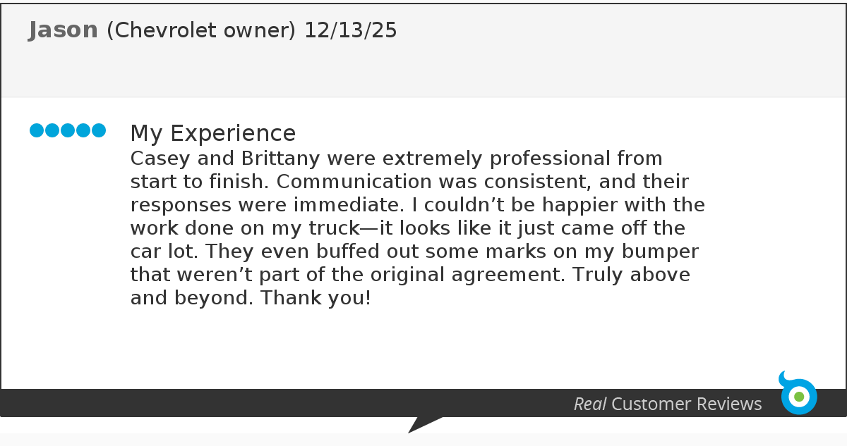 Customer review from Jason, a Chevrolet owner, dated 12/13/25, praising the professionalism and responsiveness of Casey and Brittany, and expressing satisfaction with the work done on his truck, including buffing out marks on the bumper.