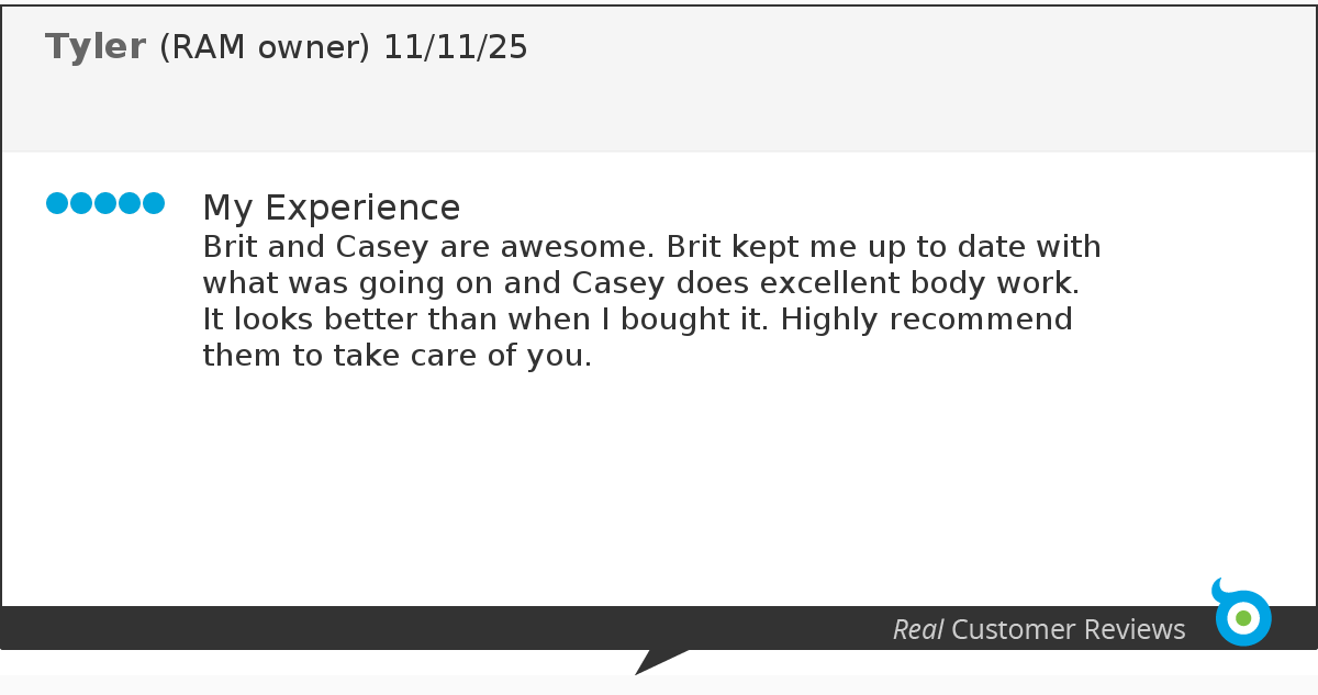 Customer review with five blue dots, titled 'My Experience,' praising Brit and Casey for excellent customer service and product quality, and recommending them.