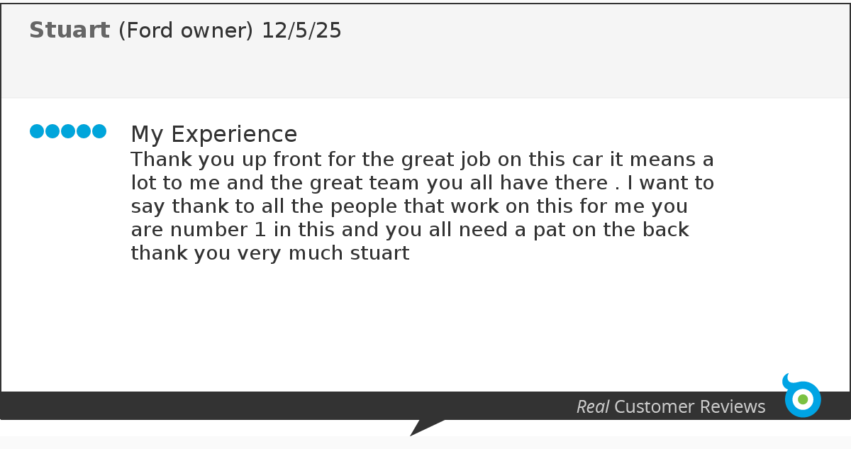 Customer review message thanking a car team for their work, mentioning a Ford car, with the customer named Stuart, dated December 5, 2025.