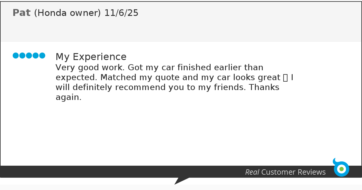 Customer review for Pat, a Honda owner, praising the car detailing service for finishing earlier than expected, matching the quote, and making the car look great, with a willingness to recommend.