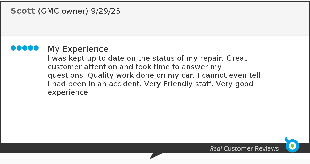 Customer review for Scott, a GMC owner, dated 9/29/25, expressing a positive experience with car repair, customer service, and staff friendliness.