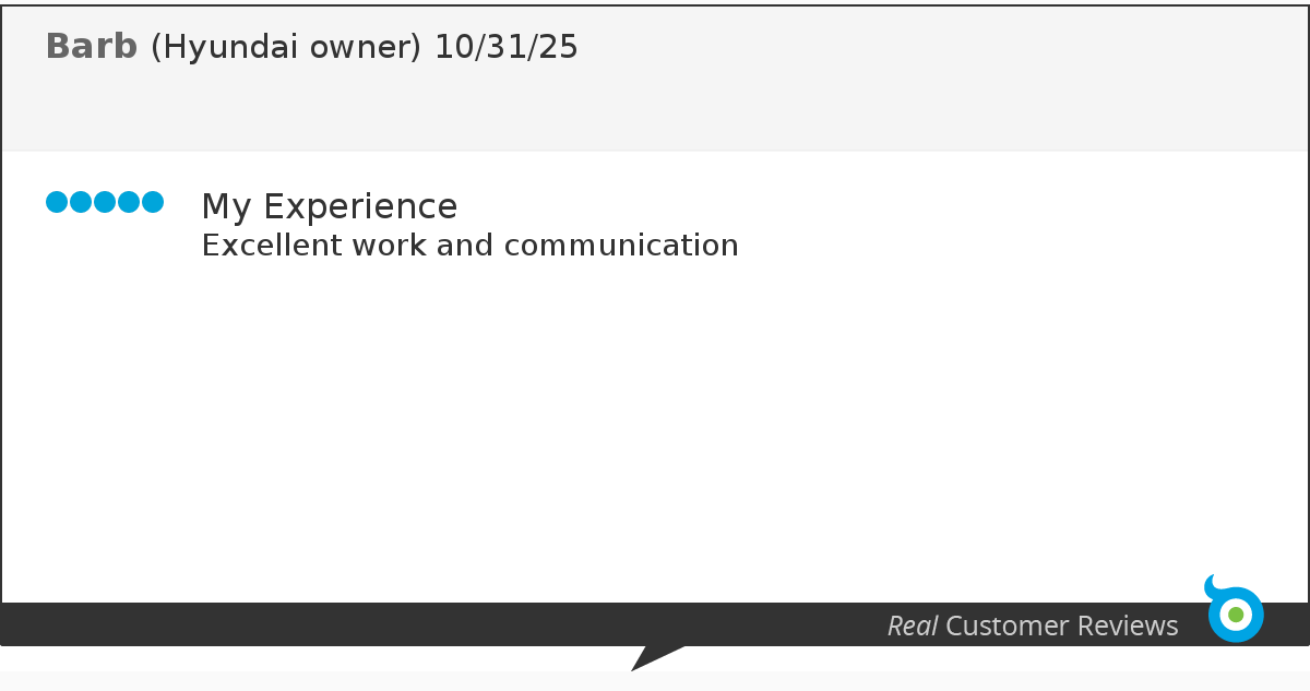 Customer review for Barb, Hyundai owner, dated 10/31/25, with a 5-star rating, praising excellent work and communication.