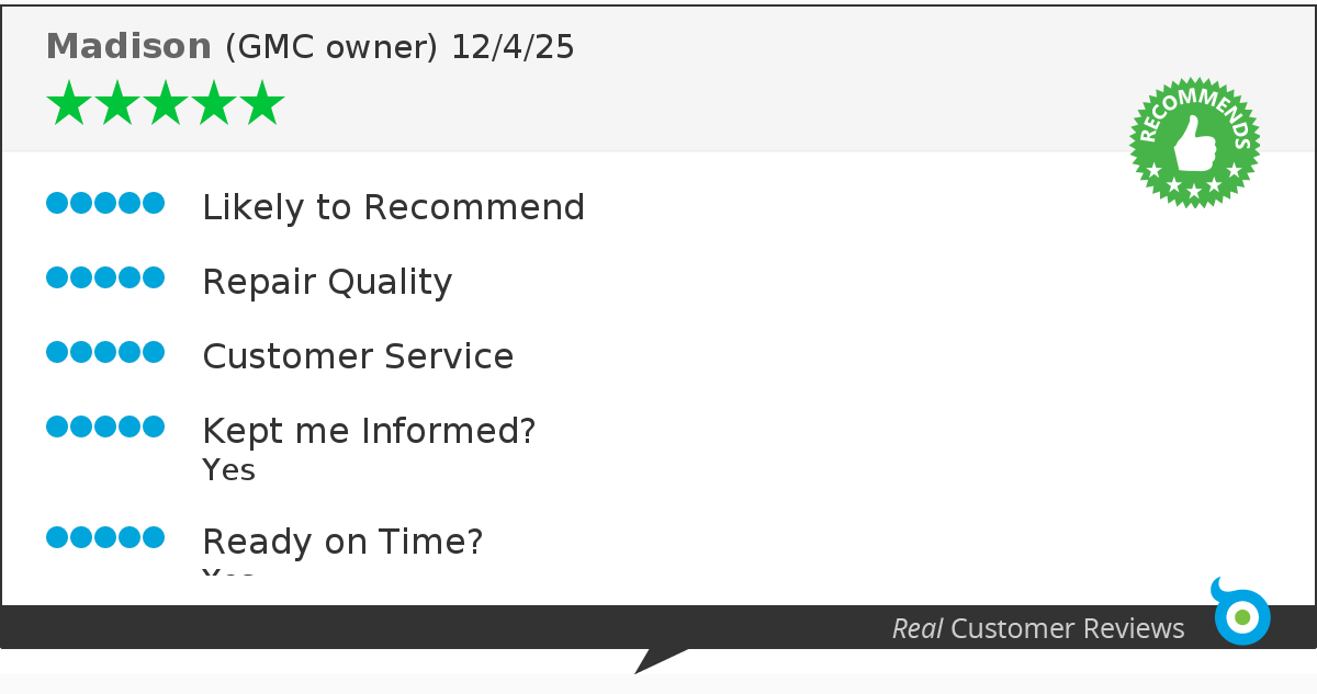 Customer review showing 5-star rating for Madison's service, with positive feedback on recommendation likelihood, repair quality, customer service, communication, and timeliness.