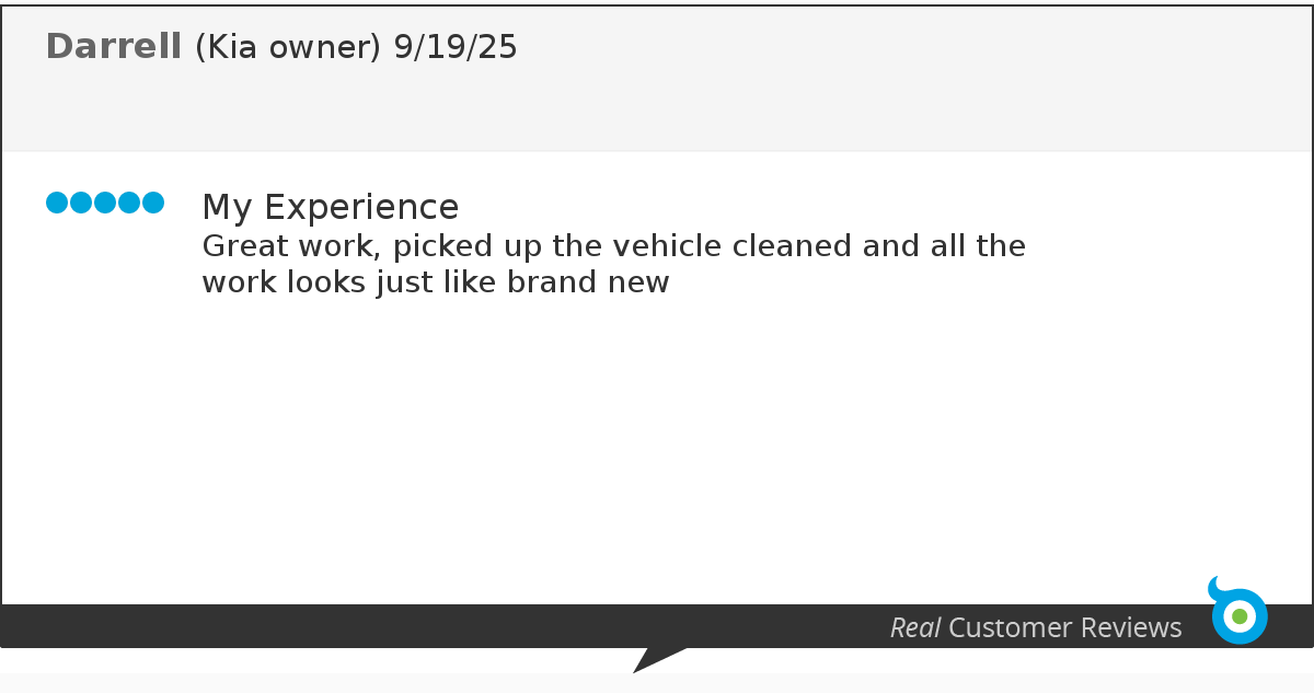 Customer review for Darrell, a Kia owner, dated 9/19/25, praising the vehicle cleaning and work quality, with five blue dots indicating a five-star rating.