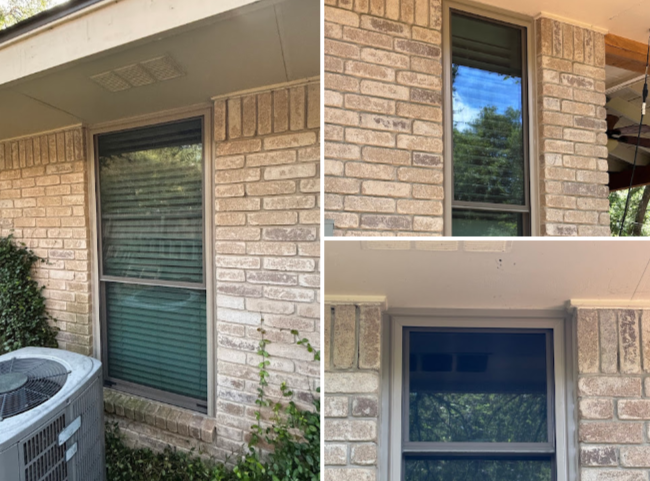 Three photos of a brick house window with a metal frame and glass, showing the house exterior and surrounding greenery.