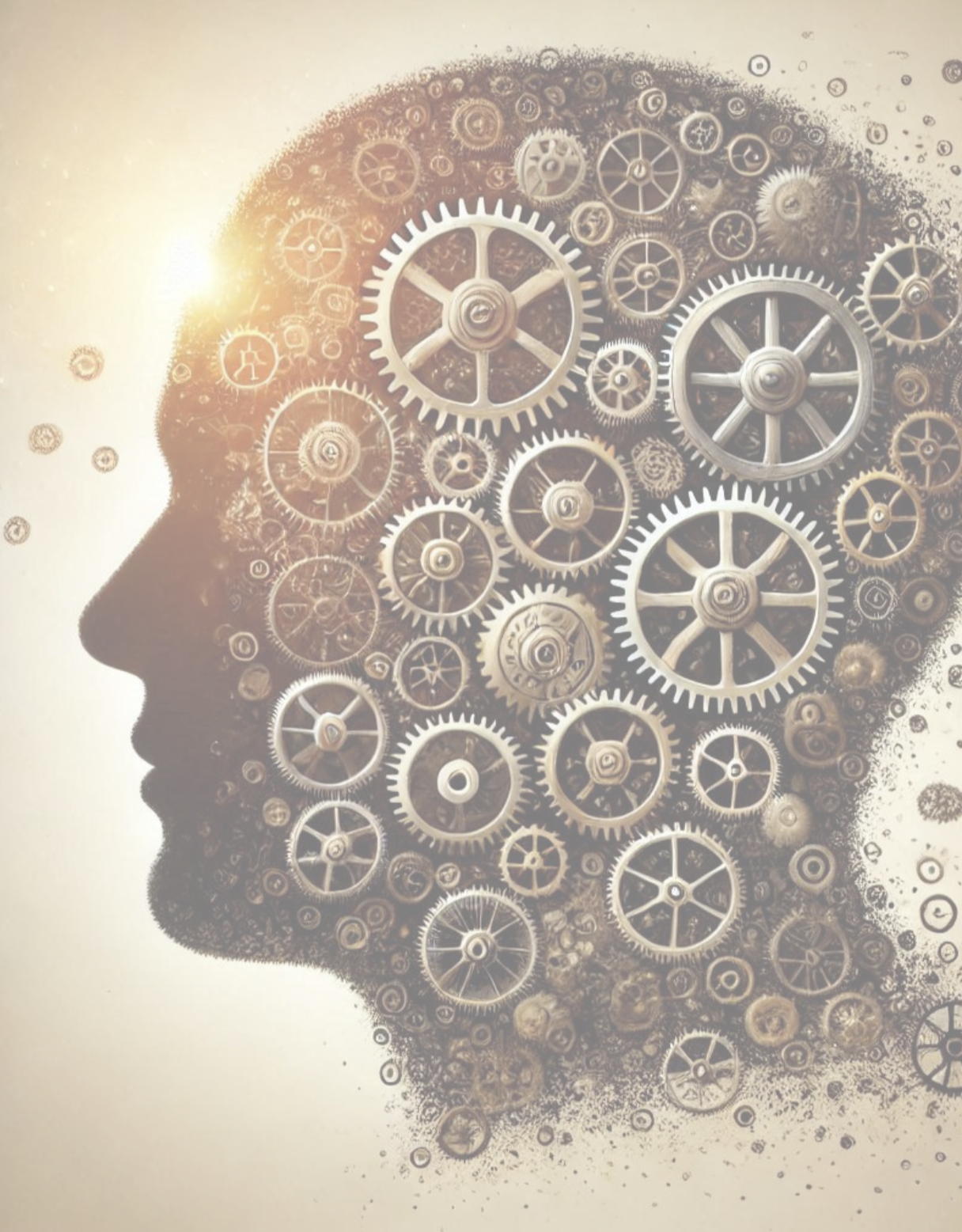 Silhouette of a person's head filled with interconnected gears and cogs, representing a mechanical or creative brain.