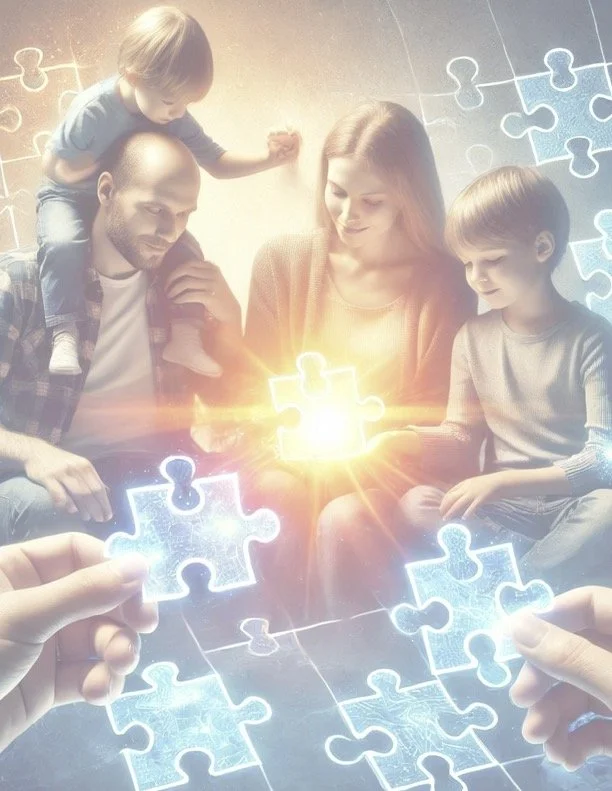 A family of four, including a father, mother, and two young boys, sitting on the floor with a glowing puzzle piece between them, surrounded by a digital puzzle interface, symbolizing teamwork and problem-solving.