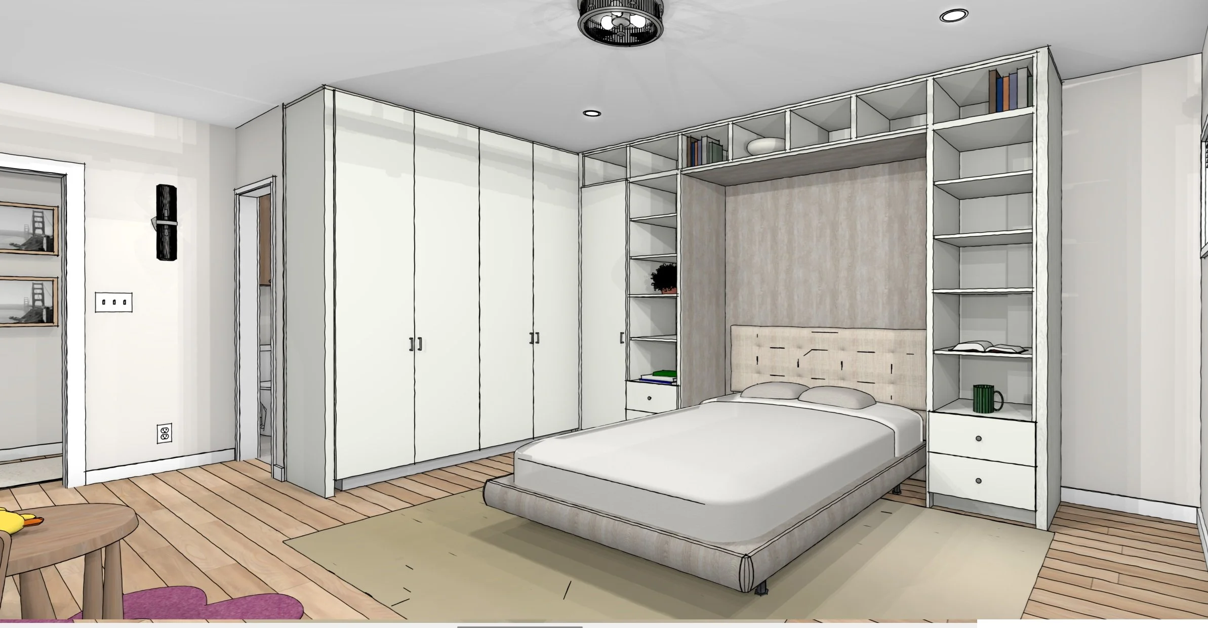 Rendering of guest bedroom option with built-in wall bed, white cabinetry with open shelving, natural wood flooring, and flexible storage.