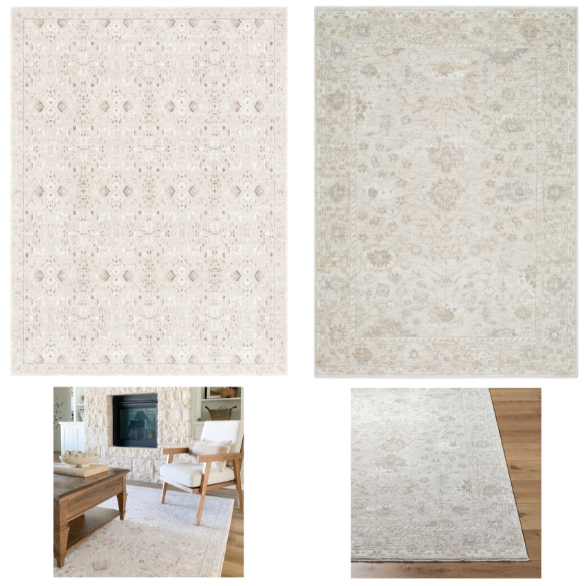 Side-by-side comparison of two rug options with installation photos showing how each looks in a room.