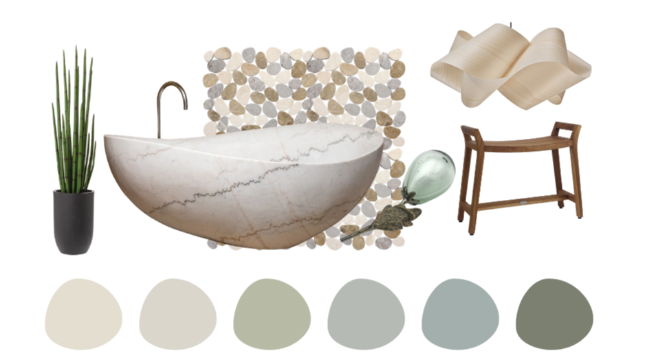 Bathroom design palette with neutral tones, botanical elements, and organic materials.