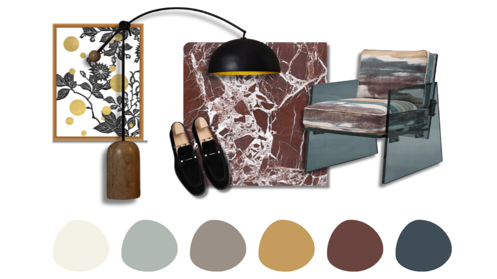 Collection of home decor and furniture items including a framed botanical print with gold accents, a floor lamp with a brown base and black shade, a marble-patterned tile, a pair of black slip-on shoes, an armchair with a multicolored striped cushion and a wooden and glass frame.