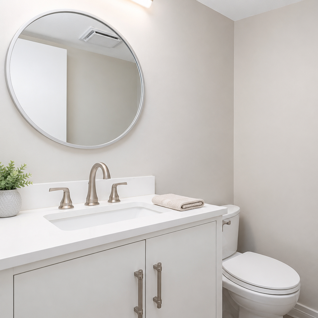 Powder room with white vanity cabinet, white quartz countertop, brushed nickel accents and round mirror.