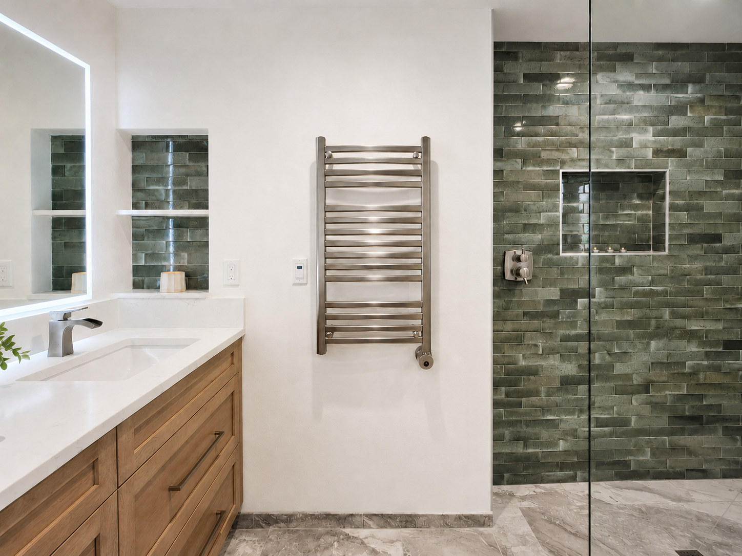 Primary bathroom shower with soft green subway tile, glass enclosure, wood vanity, and brushed nickel fixtures.