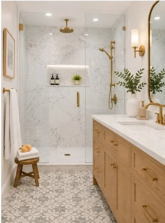 Bathroom with marble tile, wood vanity, brushed and brass fixtures.