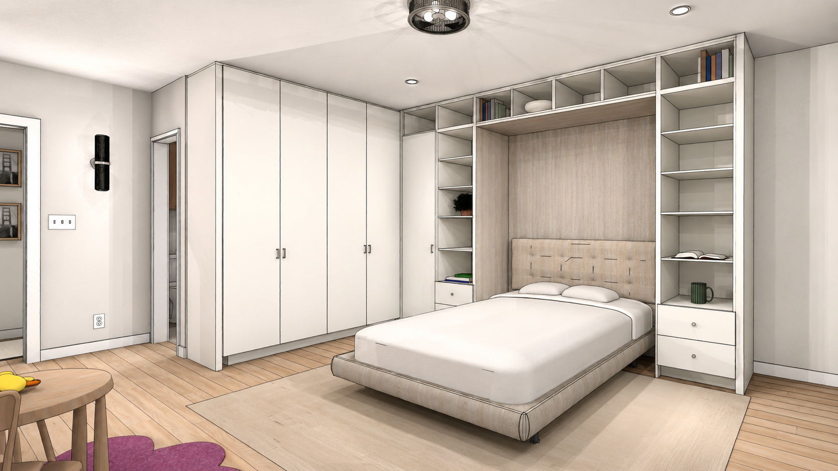 Rendering of a modern bedroom with a wall bed, built-in closets, and open shelving in sophisticated neutral palette.