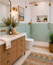 Bathroom with soft green tile on lower shower wall, marble top, wood vanity, and brushed brass fixtures.