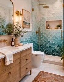 Bathroom with ombre teal fish scale tile in shower, marble top, wood vanity.
