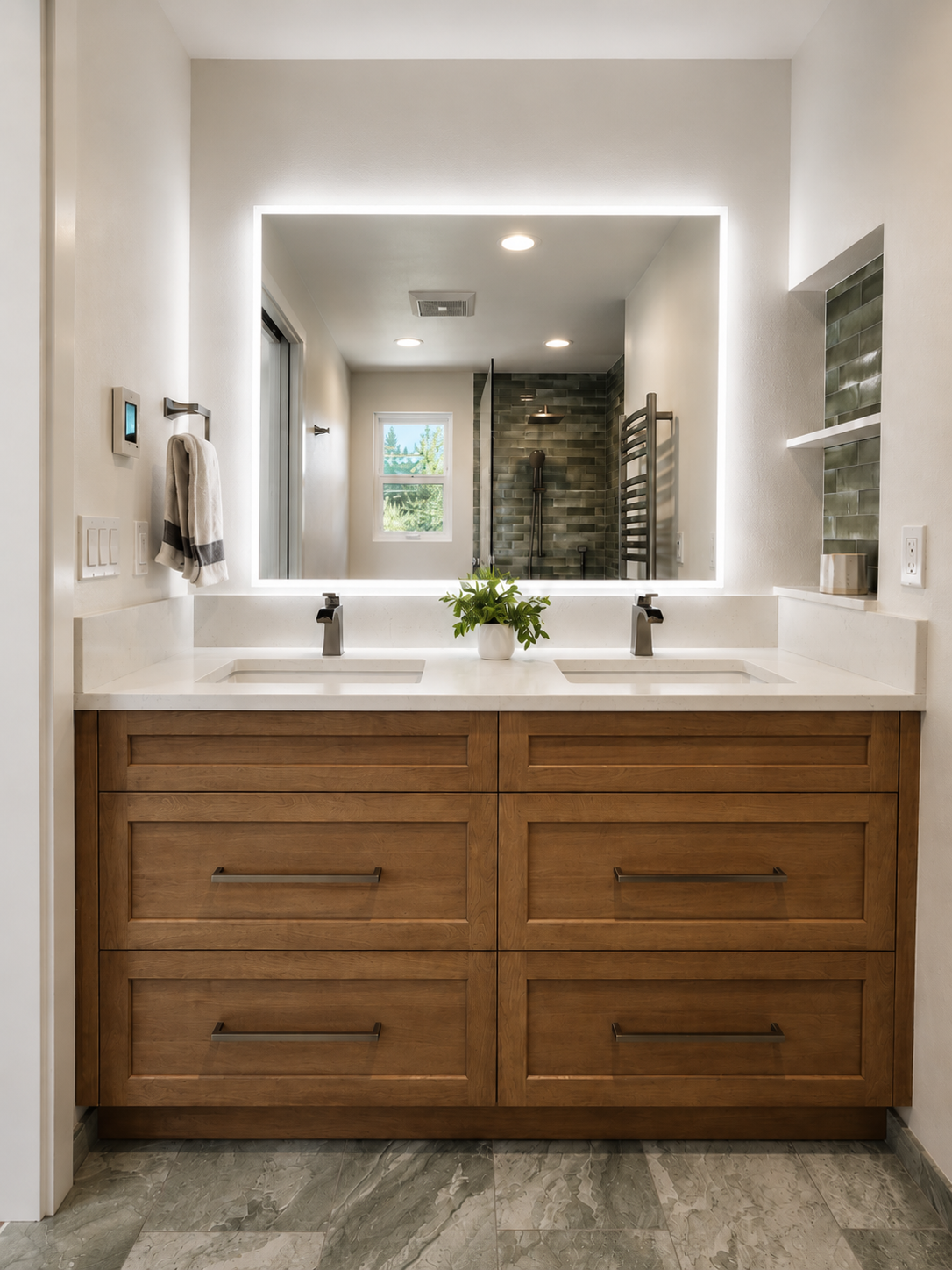 Primary bathroom with custom wood cabinetry, white quartz countertop, illuminated mirror, and green tile shower in background.