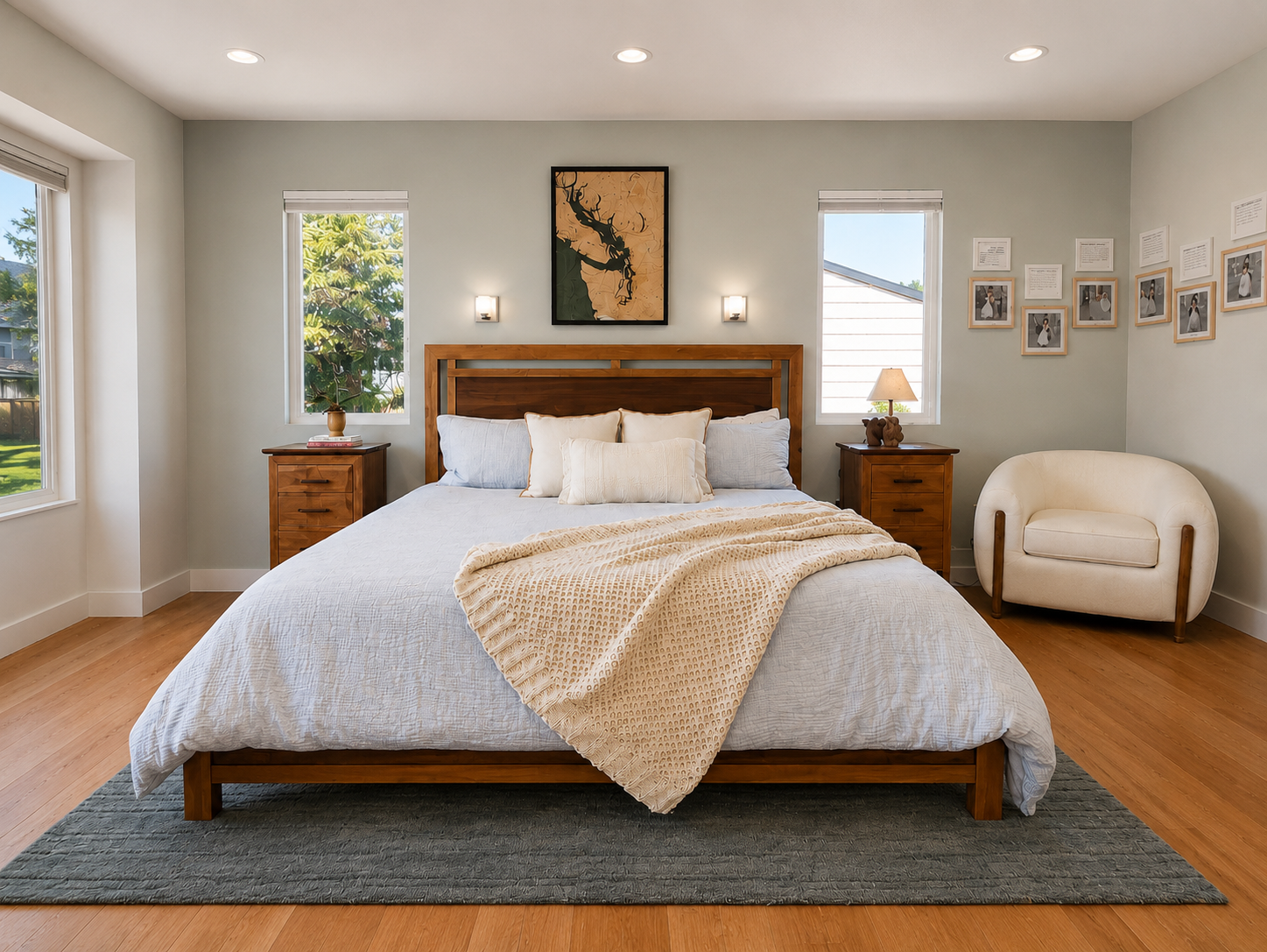 Primary bedroom with wood bed frame, neutral bedding, natural wood nightstands, soft green accent wall, frosted glass wall sconces and cream upholstered chair.