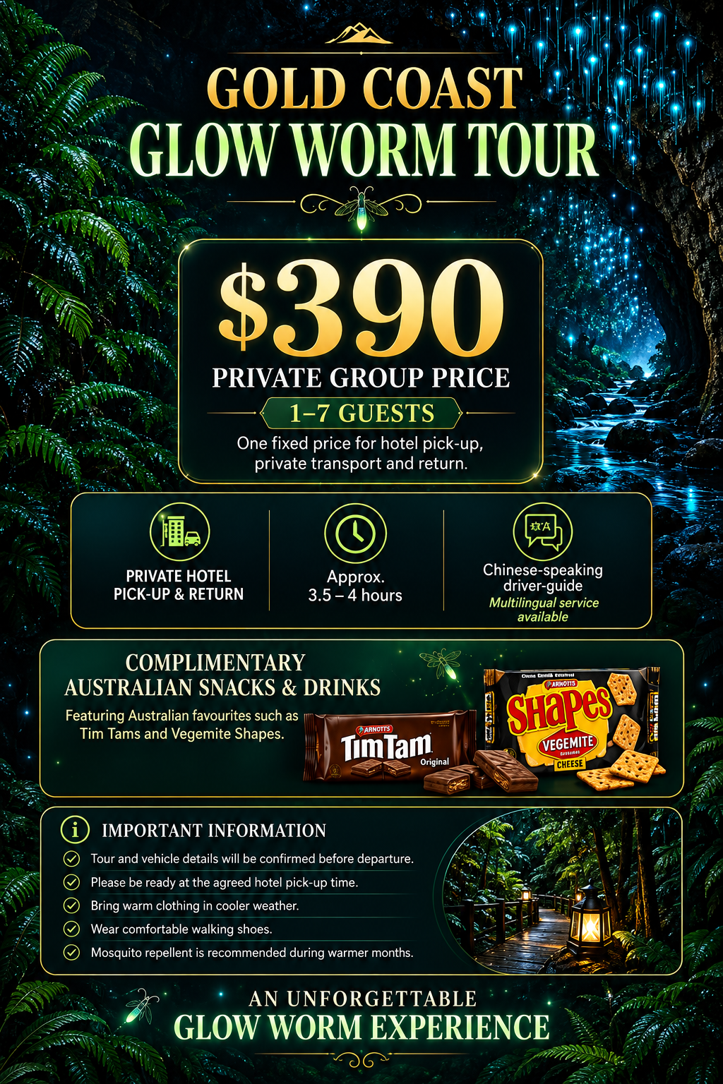Gold Coast glowworm evening tour – view itinerary and pricing