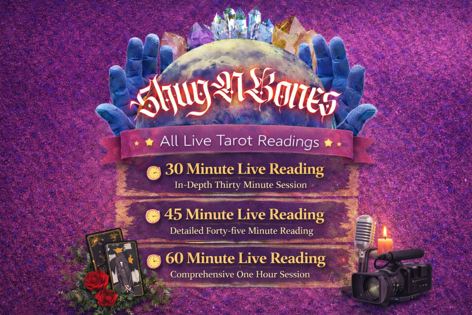 Promotional poster for society stones' live tarot reading sessions, featuring a purple and pink glittery background, a globe with hands, tarot cards, red roses, a microphone, a candle, and a camera. Text details 30, 45, and 60-minute tarot readings.