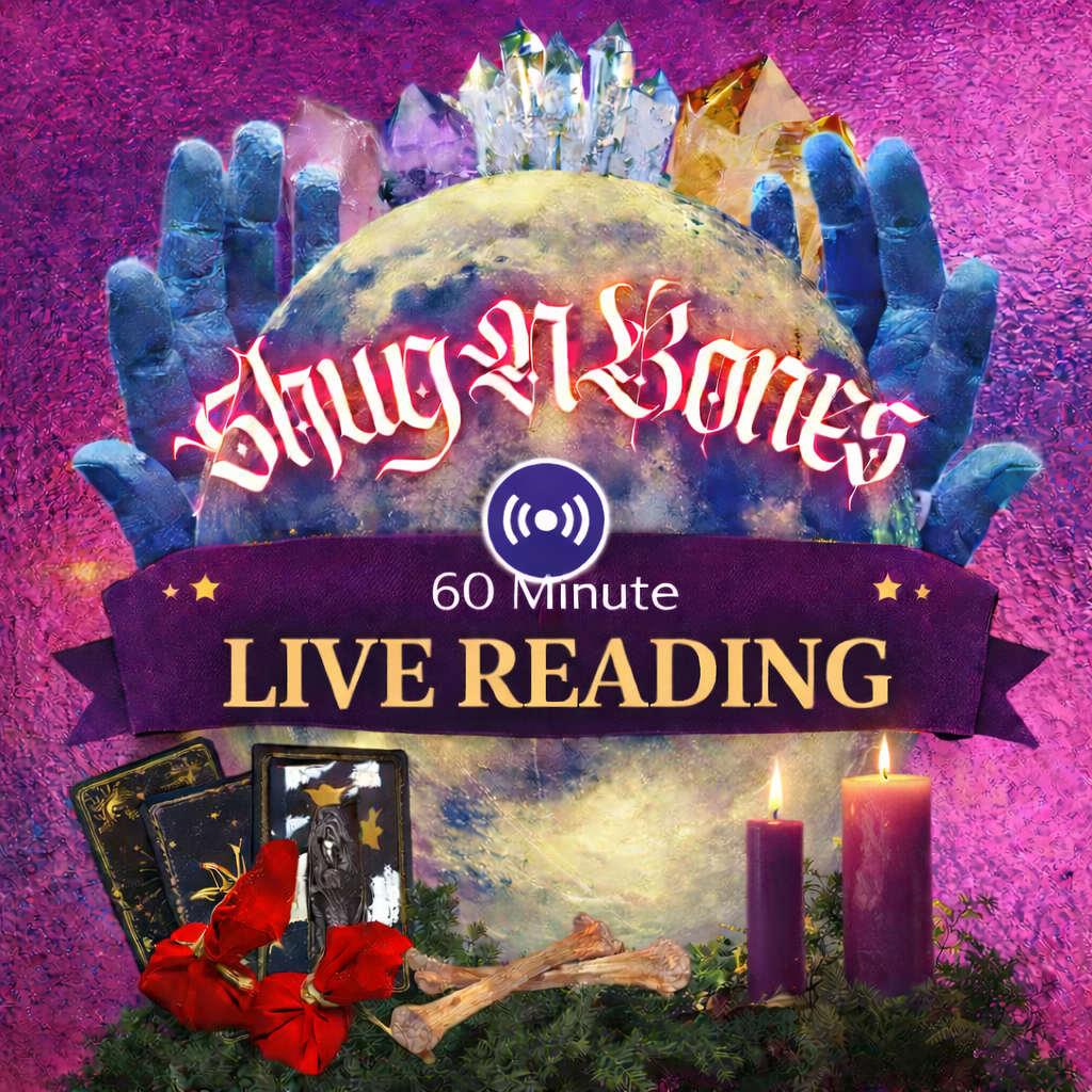A mystical promotional graphic for a 60-minute live reading event by DarkMoon. The background features a purple textured surface with a large crystal ball at the center. Behind the ball are two blue hands holding the globe, with crystals or gemstones behind them. The text "DarkMoon" appears in a stylized red gothic font above the globe. A purple ribbon with gold stars displays the words "60 Minute LIVE READING" in gold lettering. In the bottom left corner, there are tarot cards, a red ribbon, a small animal skull, and two lit purple candles among green foliage.
