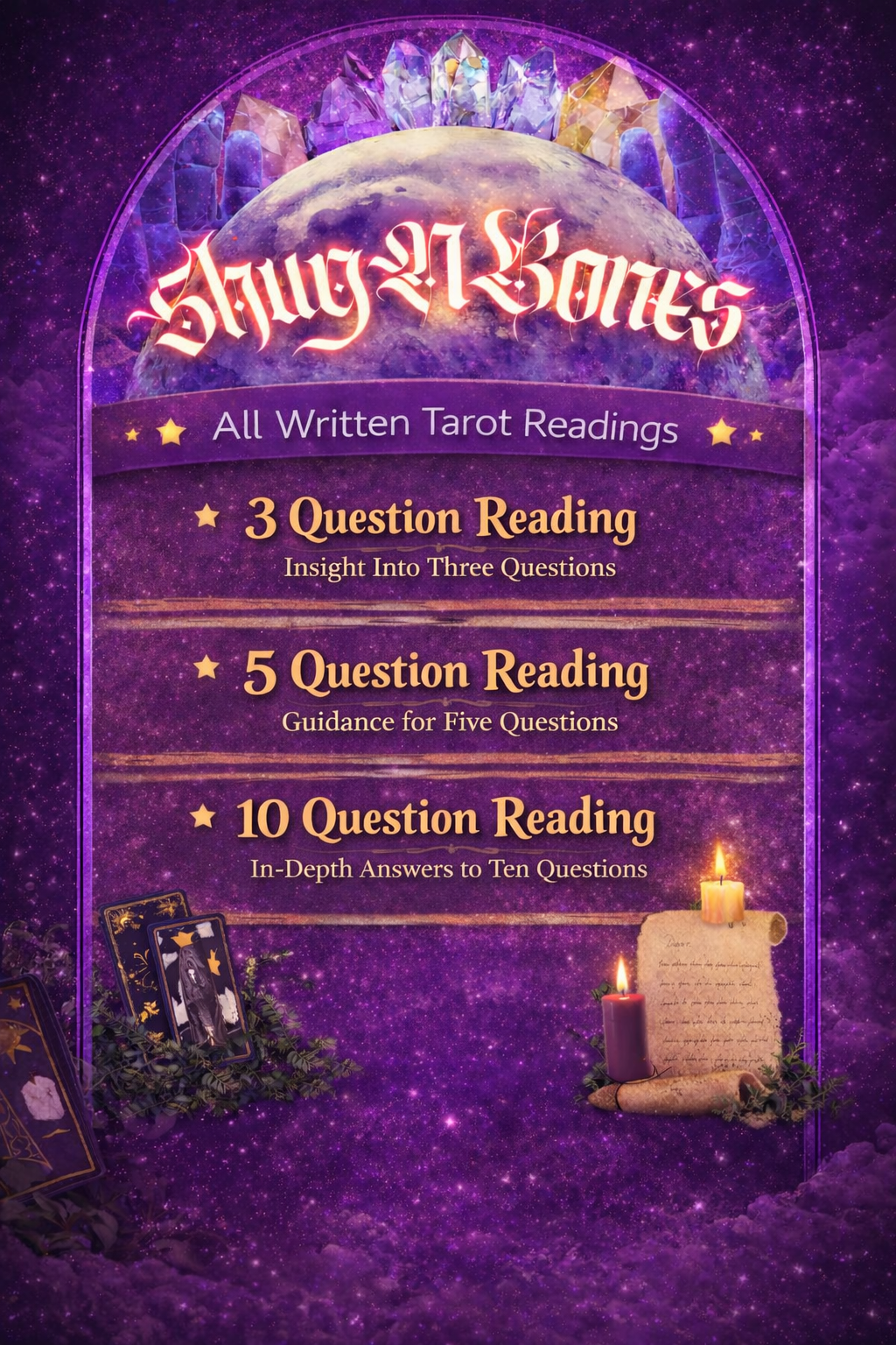 A mystical purple space-themed advertisement for a tarot reading service featuring the moon and crystals at the top, with options for 3, 5, and 10 question tarot readings, surrounded by candles, tarot cards, and scrolls.