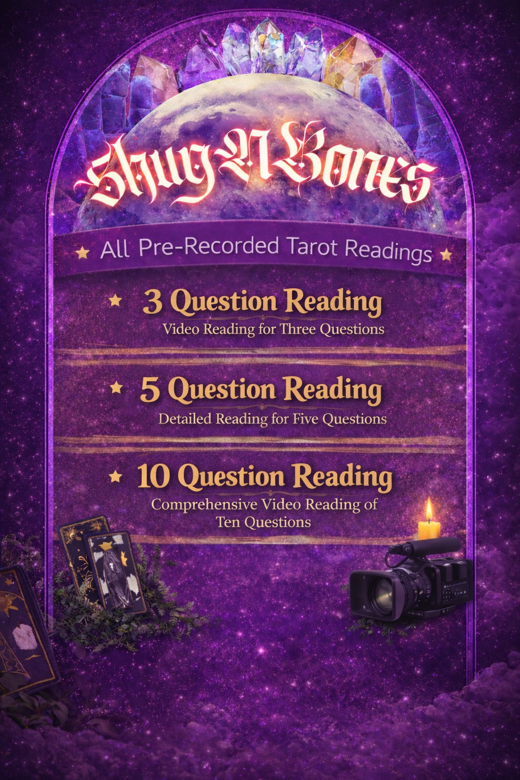 Purple mystical background with tarot cards, a video camera with a candle on top, and text advertising pre-recorded tarot readings including 3, 5, and 10 question options