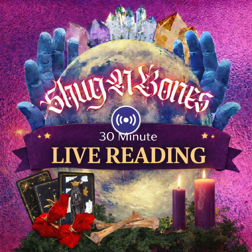 A mystical, colorful image advertising a 30-minute live tarot reading session. It features a large globe with glowing, ornate tarot cards, and a banner reading '30 Minute Live Reading'. Surrounding the globe are two lit candles, green foliage, and two tarot cards with a red cloth tied around bones, set against a vibrant pink and purple background.