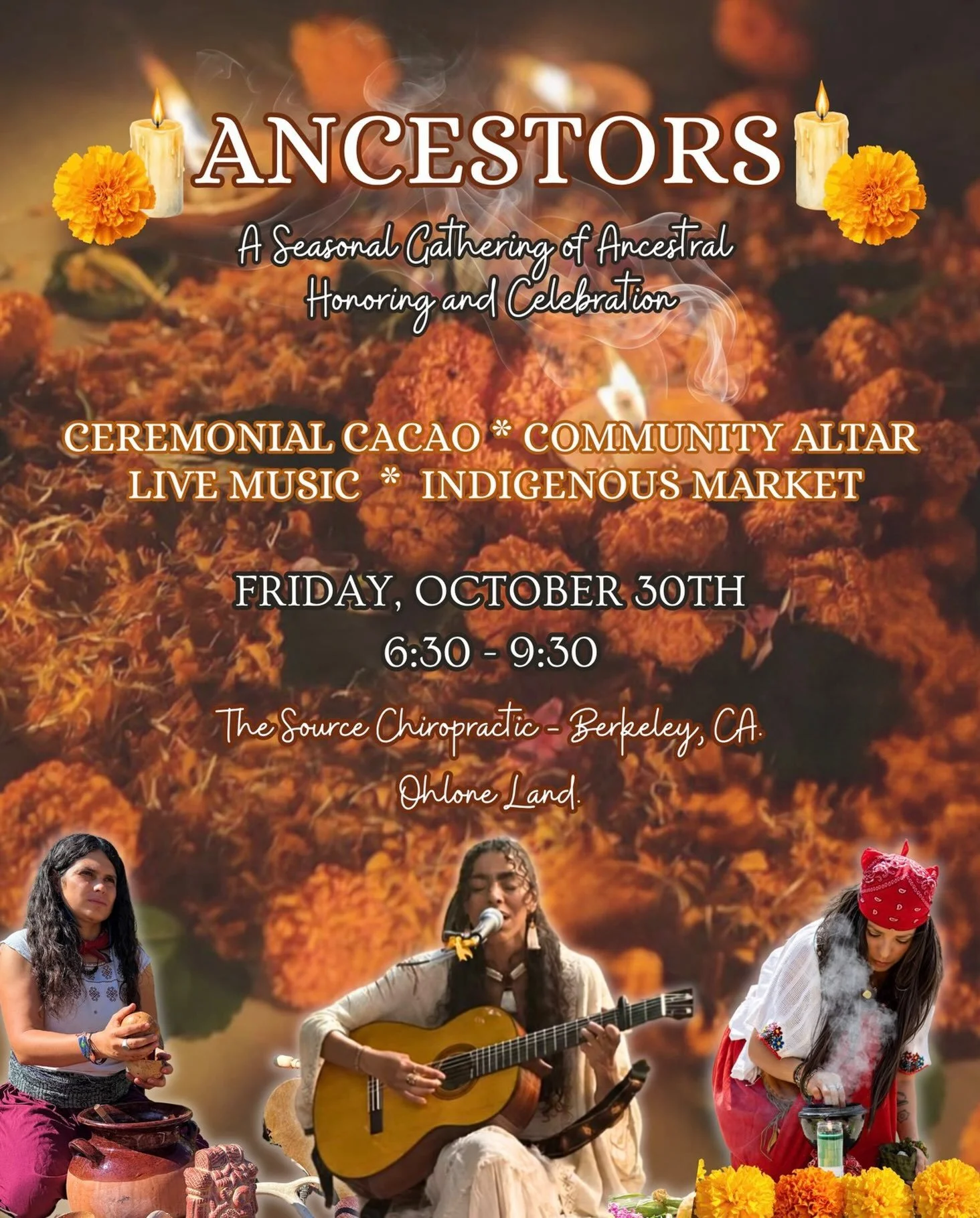 ANCESTORS &mdash; A Seasonal Gathering of Ancestral Honoring &amp; Celebration

Ceremonial Cacao 𖥔 Community Altar 𖥔 Live Music 𖥔 Indigenous Market

Join us for a ceremonial evening in honor of Samhain &amp; Dia de los Muertos 🕯️

Through this cr