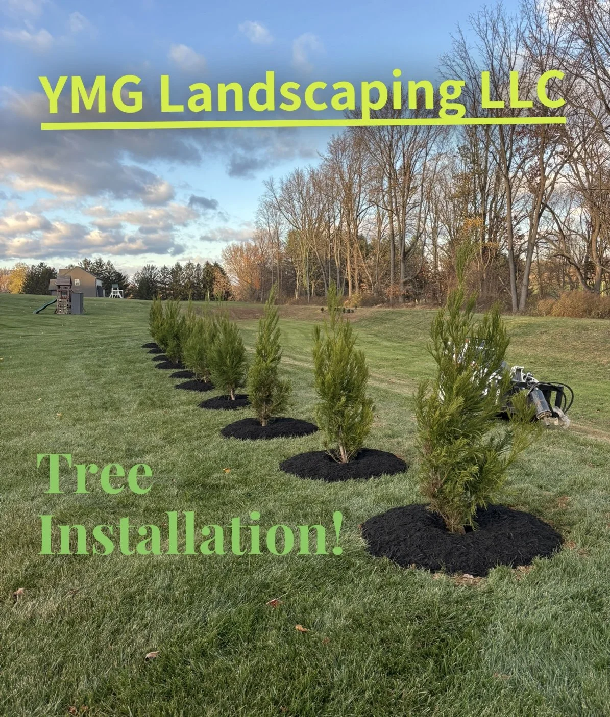 A line of newly planted trees with black mulch around each and a landscape equipment in the background, under a partly cloudy sky. Text overlay reads 'YMG Landscaping LLC' in yellow and 'Tree Installation!' in green.