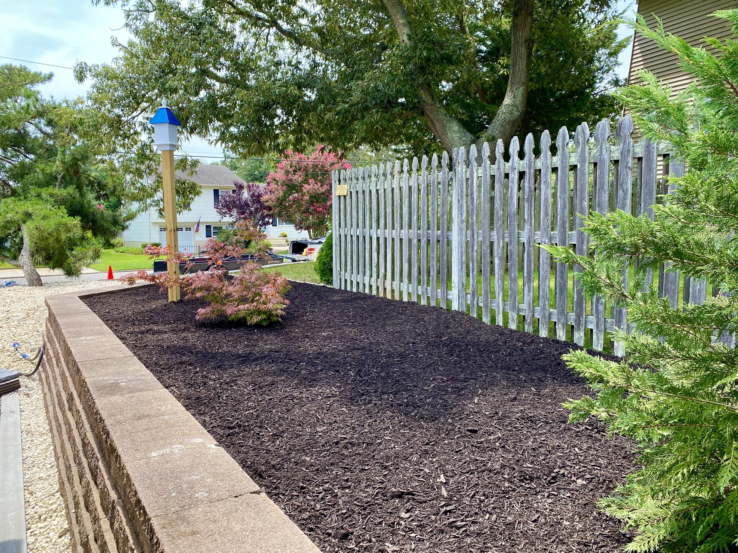 A freshly mulched garden bed with a small Japanese maple tree, a birdhouse on a tall wooden post, and other trees and houses in the background, enclosed by a brick wall and wooden fence.